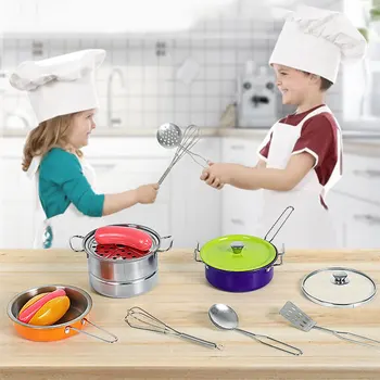 

14pcs Kids Home Kitchen Toys Stainless Steel Durable Cooking Cookware Kids Pretend Play Soft Surface Treatment Kitchen Playset