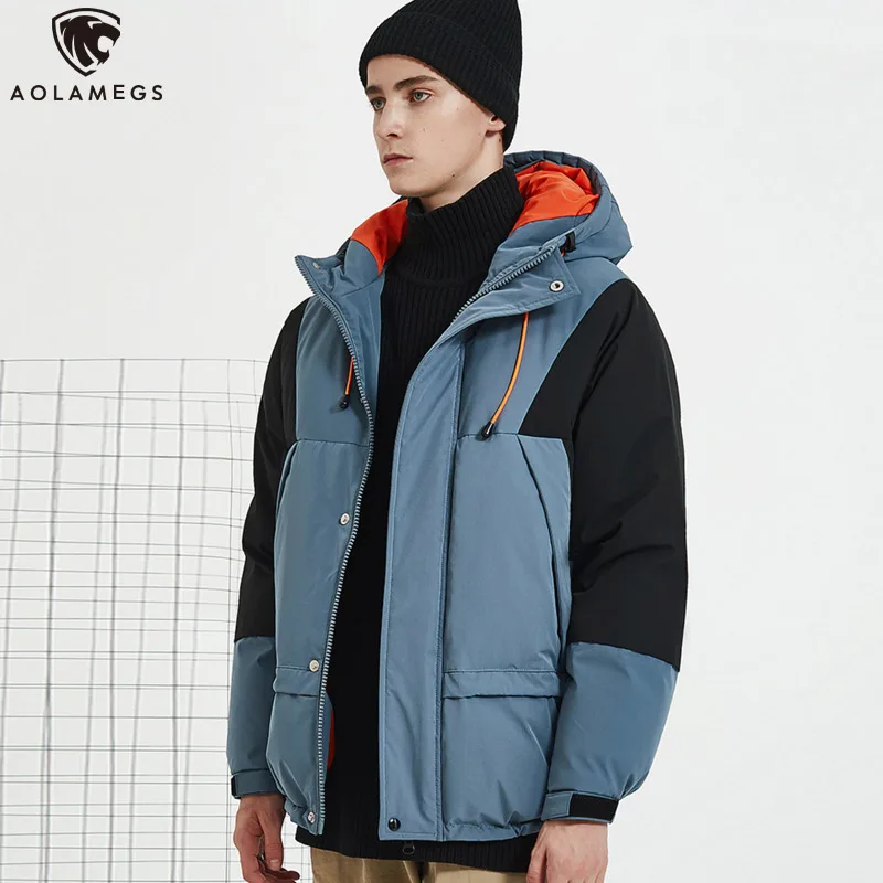 

Aolamegs Winter Jacket Men Patchwork Color Hooded Down Jacket Men Thick Coat College Style Mens Parka Fashion Streetwear Winter