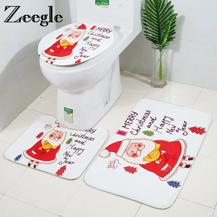 Zeegle Bath Mats Christmas Decor Bathroom Mat Anti Slip Toilet Mat 3pcs Bathroom Carpet Set Bath Rugs Absorbent Floor Mats