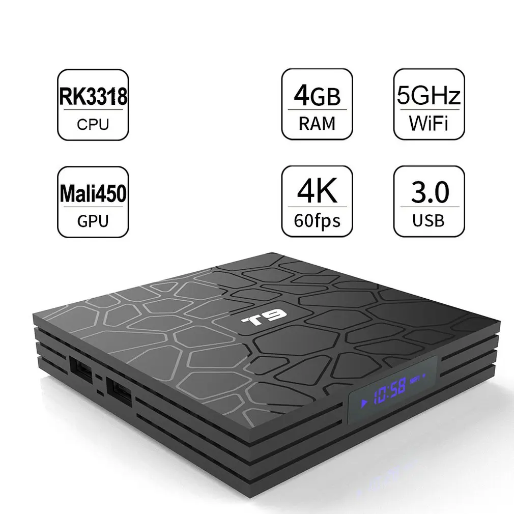 Android TV Box T9 Android 9.0 TV Box 4GB DDR3 RAM 64GB ROM RK3318 Bluetooth 4.2 Support 2.4G WiFi 4K Set Top Box Smart TV