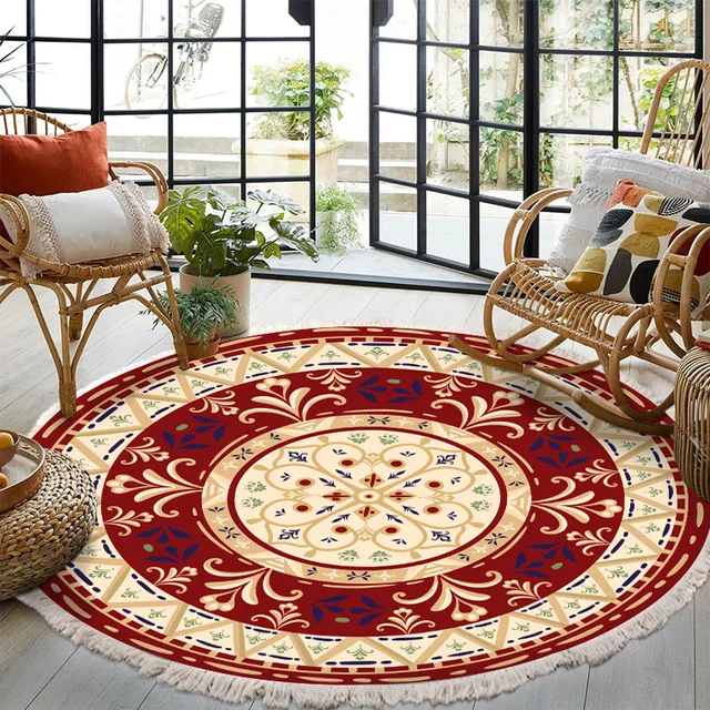 ​Home Decor Retro Bohemian Round Carpet Hand Woven Cotton Linen Carpet Rug Bedside Rug Geometric Floor Mat Living Room Carpet K