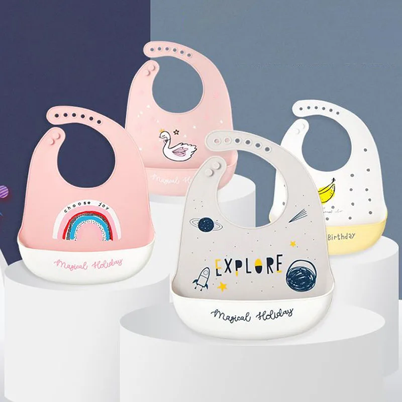 

Food Grade Silicone Baby Bibs Infant Feeding Cloth Baby Home Scarf Waterproof Adjustable Bibs Cartoon Print Kids Saliva Towels