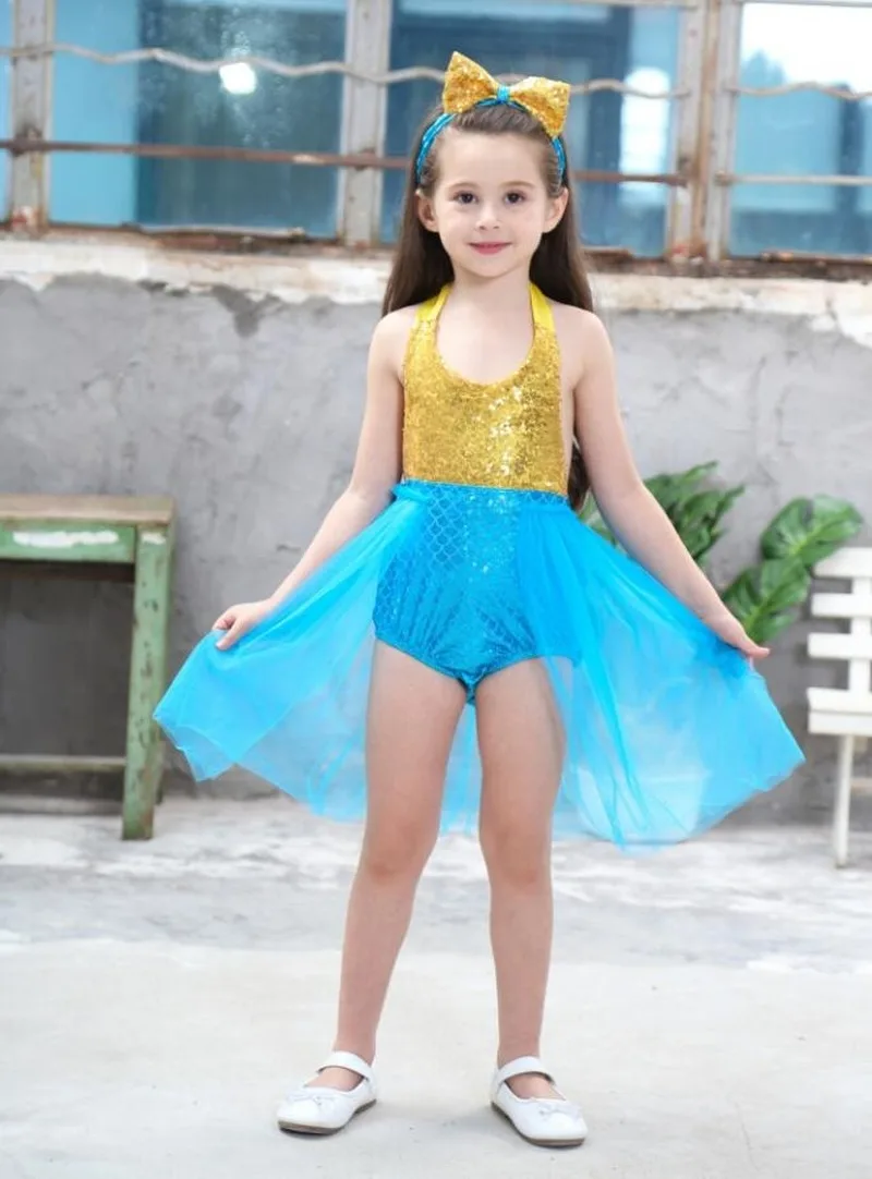 Little Mermaid Swimsuit Princess Cosplay Costume Baby Girls Swimming Dress Child The Fantasia Ariel Mermaid Tail Dress Kids
