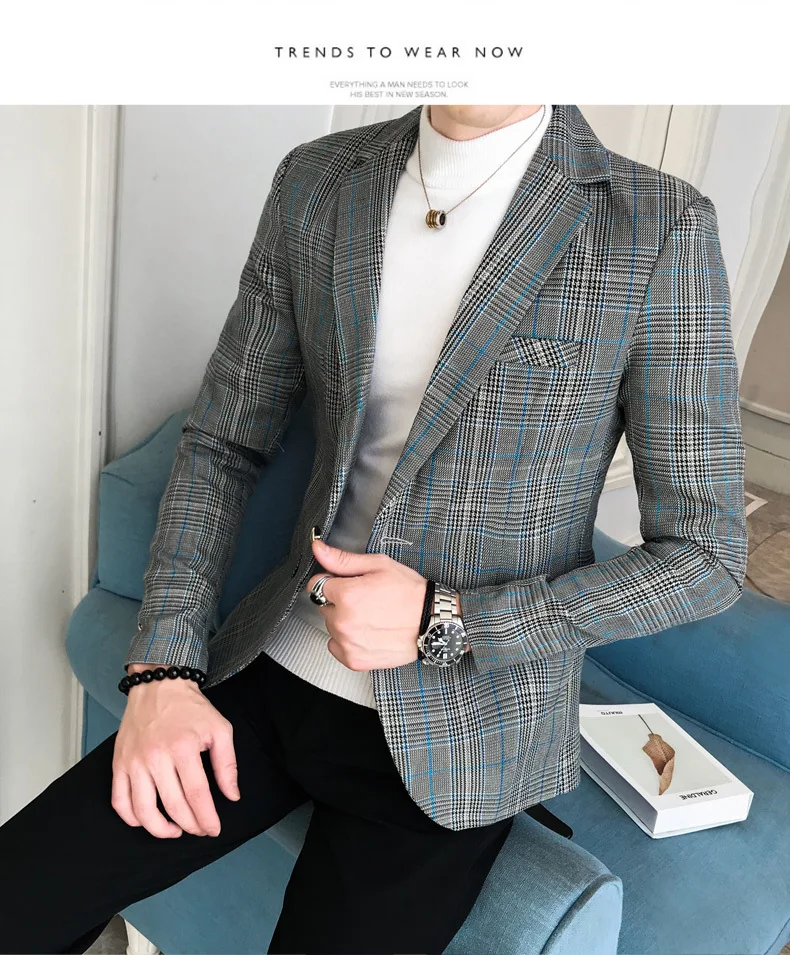 Осенние серые клетчатые блейзеры мужской костюм Slim Fit бизнес Veste Homme костюм Vestidos De Novia Мужская офисная куртка в клетку