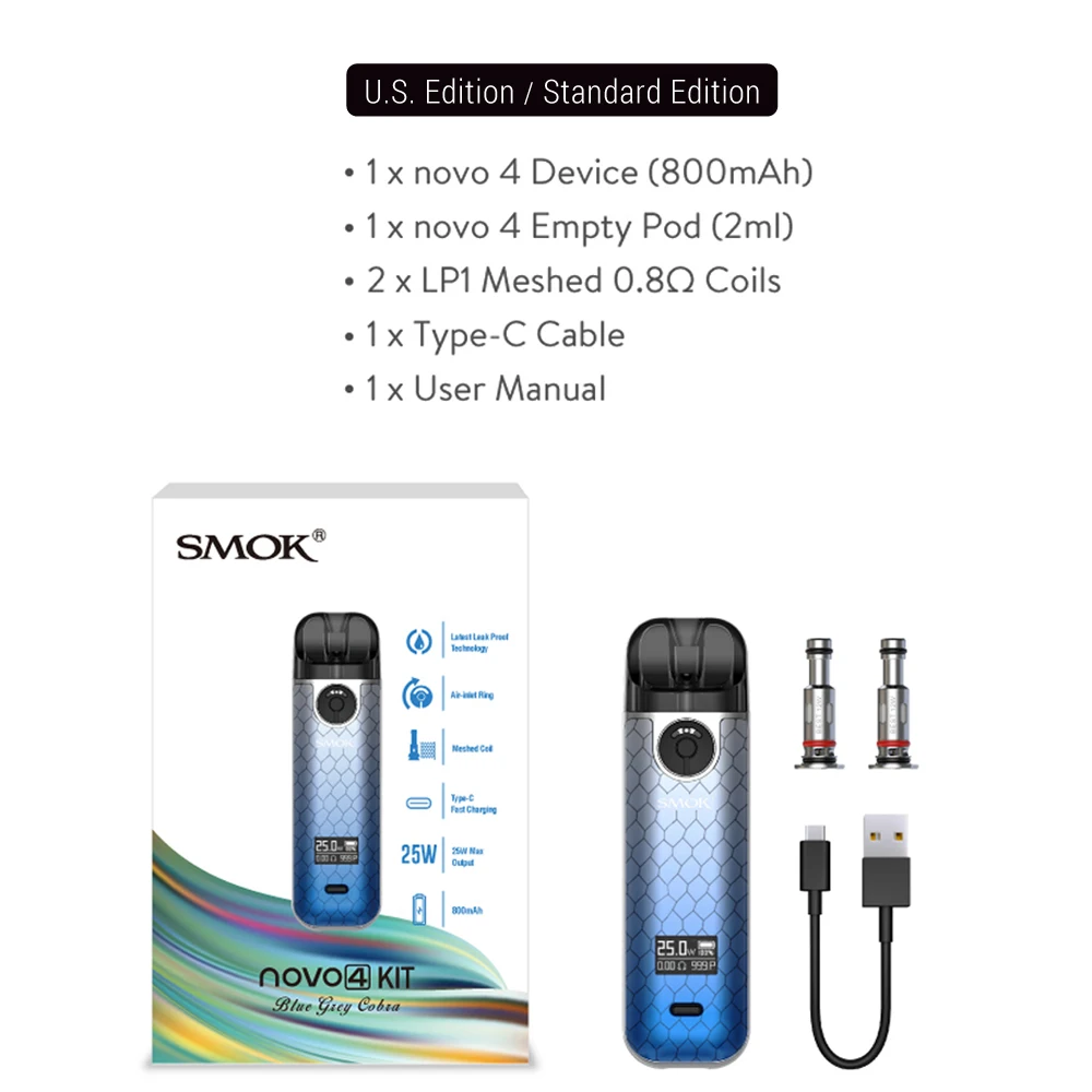 SMOK Kit de cigarettes électroniques NOVO, 4 dosettes, 2ml, 25W