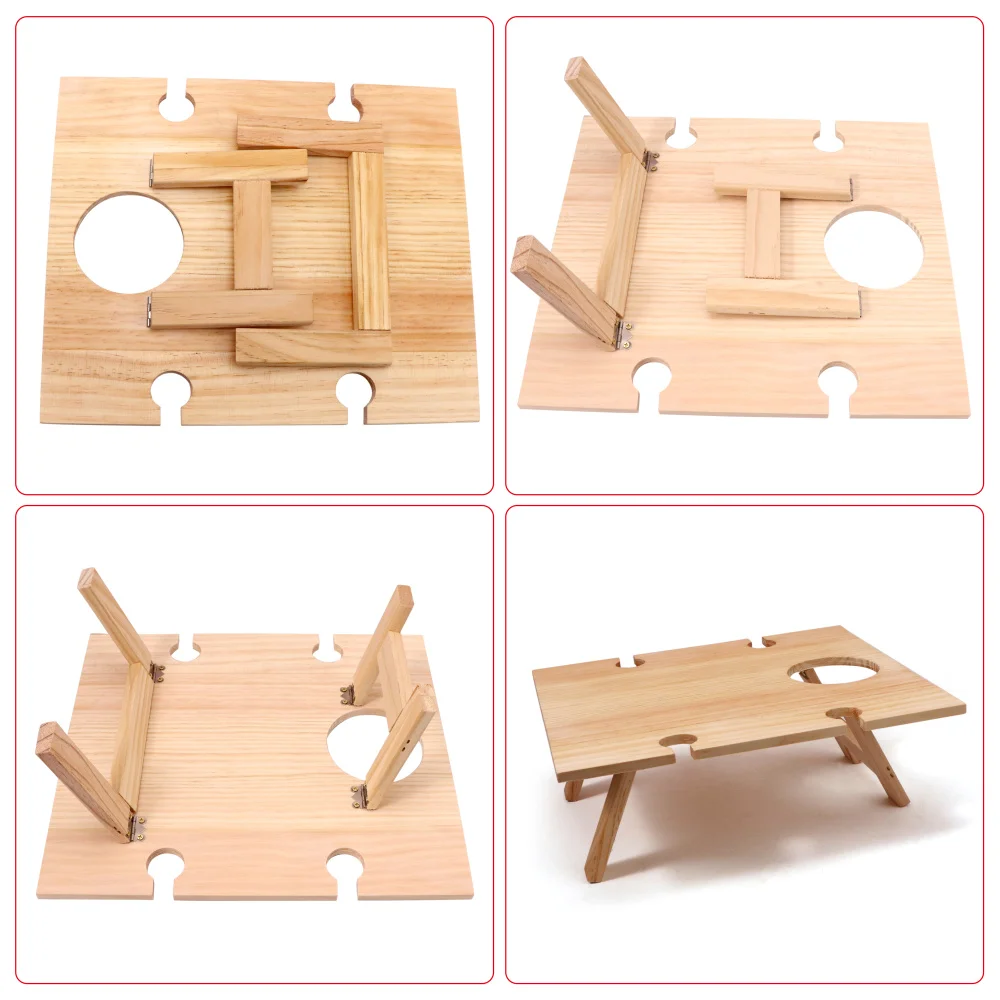 Foldable Table Portable Wine Picnic with 4 Wine Glasses Holder Outdoor Small Rectangular Wooden