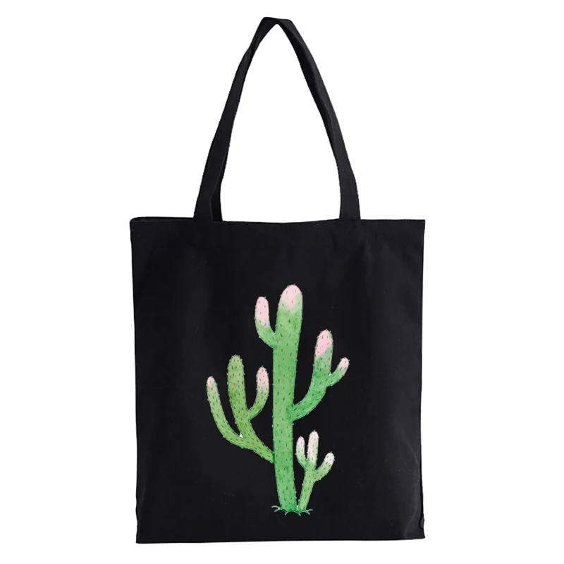  Cute Cactus Print Reusable Shopping Bag Women Canvas Tote Cartoon Printing Eco Shopper Shoulder Bags Foldable Handbag