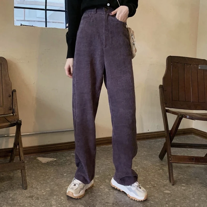 

2021 New Women Spring Corduroy Long Pants High Waist Loose Straight Trousers