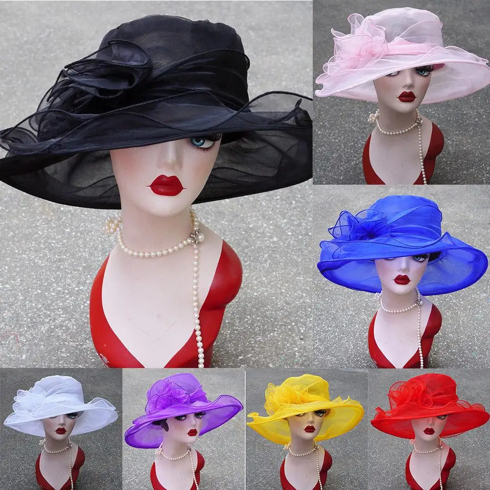 

2019 New Hat Women Kentucky Derby Wide Brim Sun Hat Wedding Church Sea Beach Hats for Women Floppy Ladies Hat