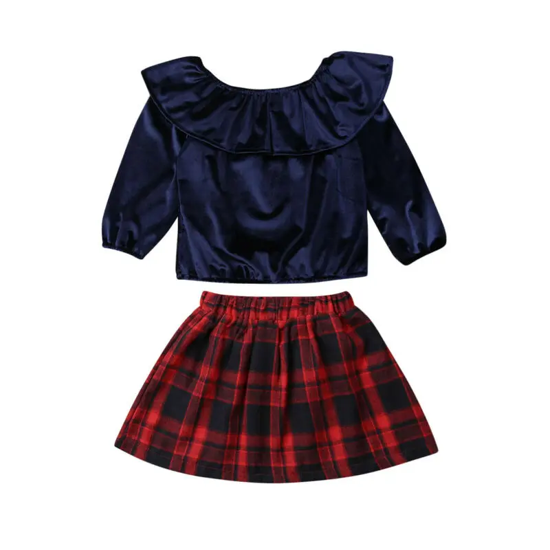 

2Pcs Kids Baby Girls Xmas Outfits Set Spring Autumn Long Sleeve O Neck Ruffles Tops Plaid Dress Skirt Clothes