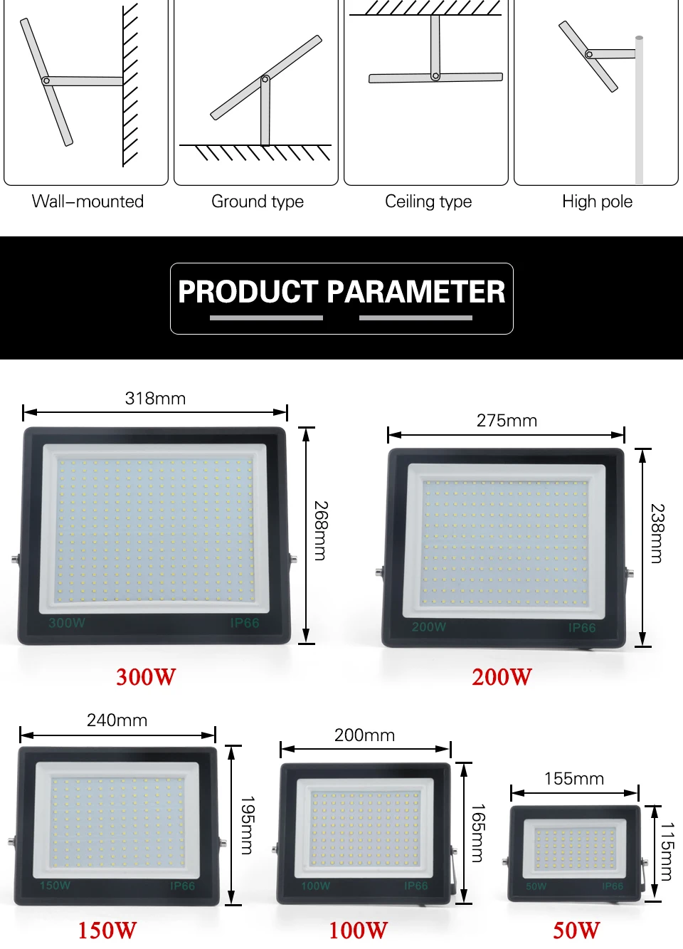 flood lamp 300W LED Floodlight 220V High quality Tempered Glass Flood Lights IP66 Waterproof LED Projector Lighting  200W 150W 100W 50W led floodlight outdoor