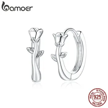 

bamoer 925 Sterling Silver Blooming Rose Branch Hoop Earrings for Women Wedding Engagement Tiny Ear Hoops Brincos BSE442