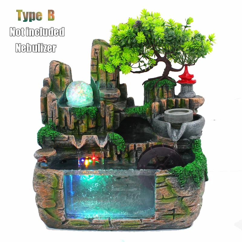 Indoor LED Atomization Aquarium LED Crystal Ball Rockery Waterfall Water Fountain Home Garden Decor Micro Landscape Resin Crafts