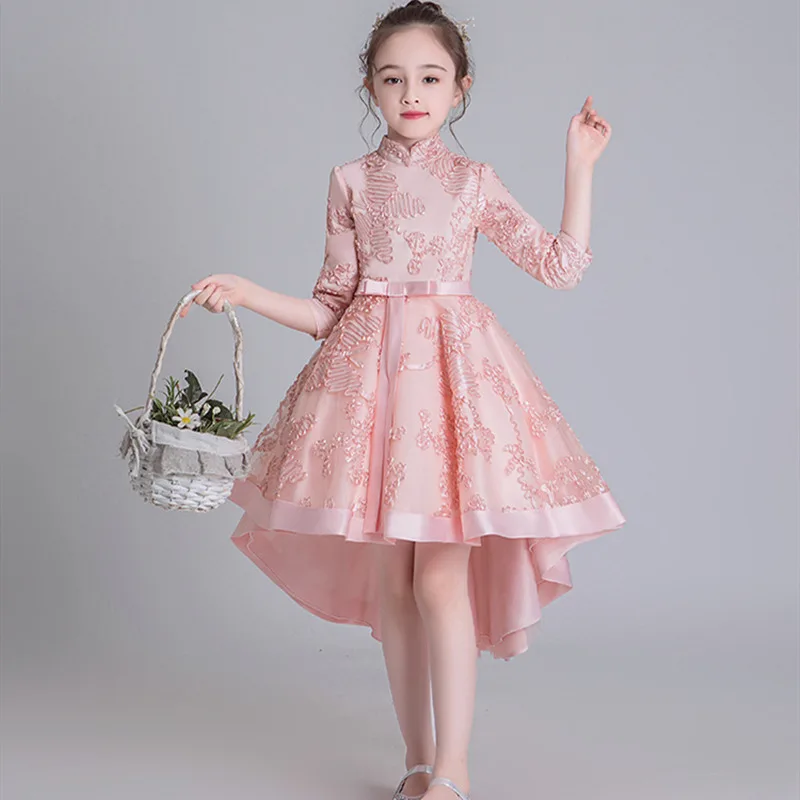Осенняя одежда со шлейфом для выступлений; платье принцессы для девочек с цветочным узором; детское Сетчатое платье для девочек; элегантные вечерние платья с короткими рукавами
