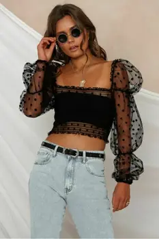 

Retro Fashion Women Sheer Mesh Shirt Top 2019 Autumn Casual Long Sleeve Blouse See-through Crop Top Shirt Vest Female Blouses