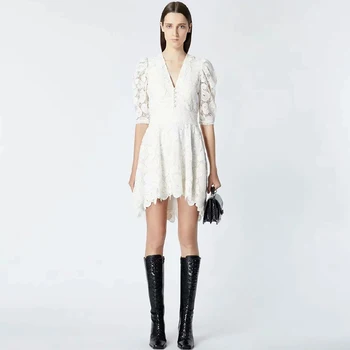 

Gedivoen Summer Fashion Runway Short Dress Women V Neck Hollow Out Solid White A-Line Dress Elegant Ladies Dresses Vestidos
