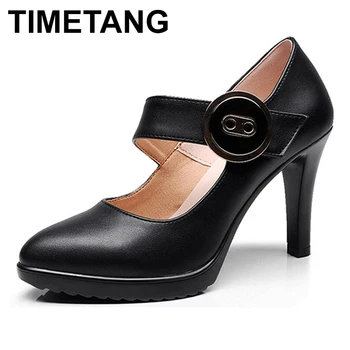 

TIMETANG Women's Platform High Heels Pointed Toe Stilets Office Work Black White Leather Pumps Plus Size 34-43 Thin HeelE1365