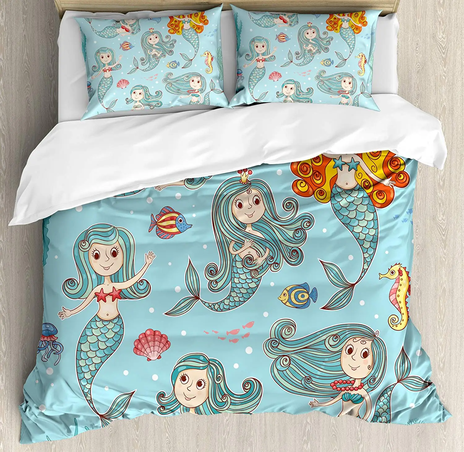Mermaid Duvet Cover Set Composition Of Mermaids With Different