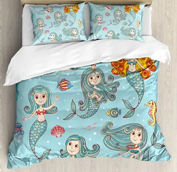 

Mermaid Duvet Cover Set Composition of Mermaids with Different Types of Sea Creature Marine Print Decorative 3 Piece Bedding