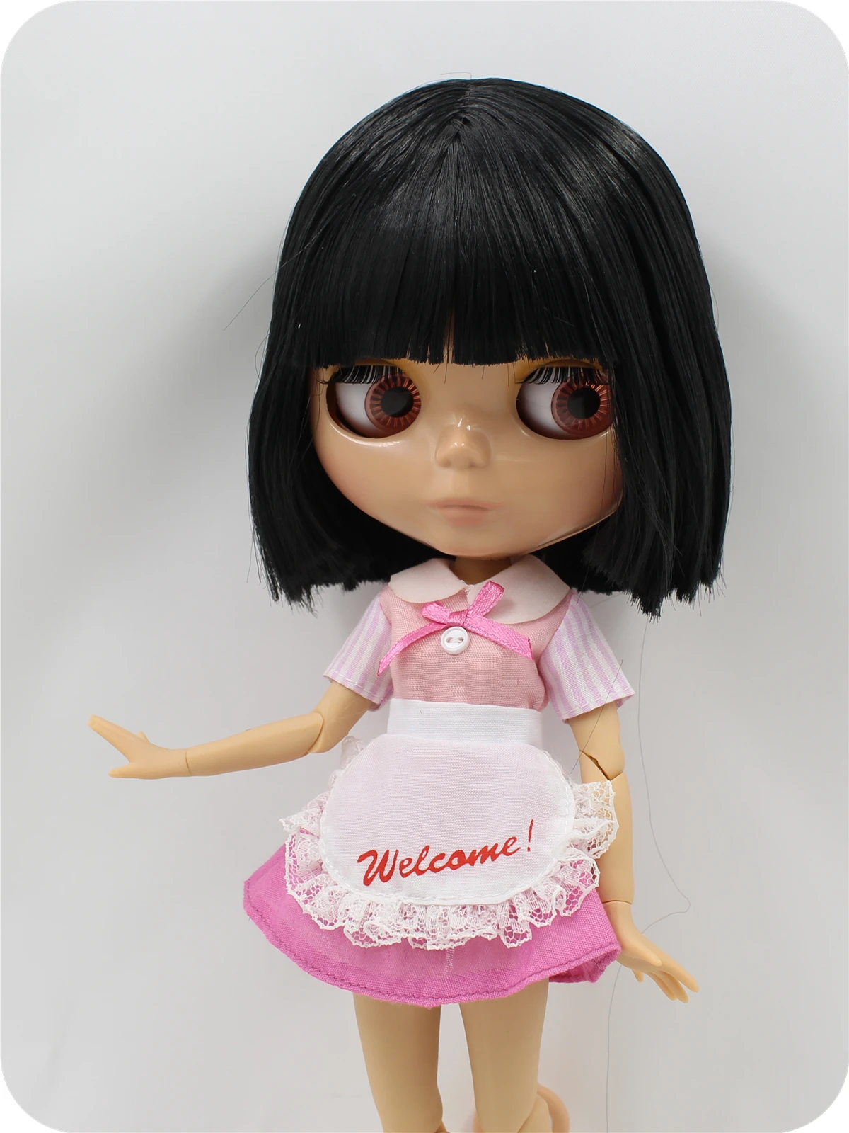Neo Blythe Doll with Black Hair, Tan Skin, Shiny Cute Face & Custom Jointed Body 1