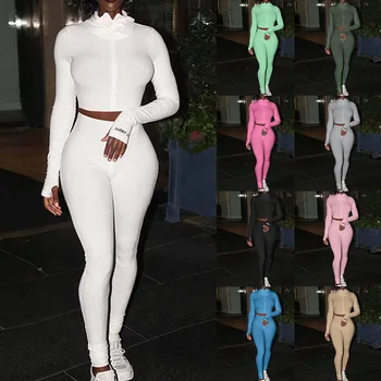 

Sexy Tracksuits Women Solid Two Piece Set Zipper Up Suits Midriff Crop Skinny Sweatpants Fitness Plus Size Matching Set