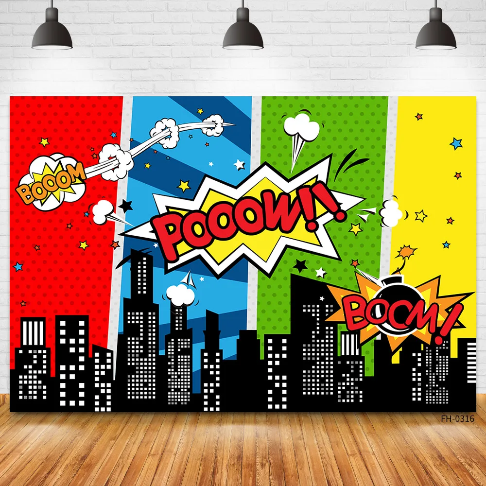 Happy 5th Birthday Comics City Buildings Party Banners Photo Backgrounds Kids Photography backdrops Studio Shoots