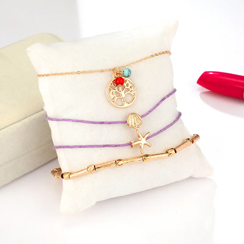 Винтаж Boho многослойное бисерное женские браслеты для щиколотки Модная жизнь дерево Раковина Морская звезда кулон браслет ручной работы цепочка бижутерия для ног