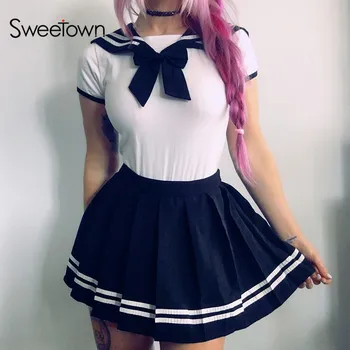 

Sweetown Big Bow Japanese Korean Women Bodysuit Preppy Style Cute Outfits Contrast Color Crown Neck Harajuku Bodysuit Summer