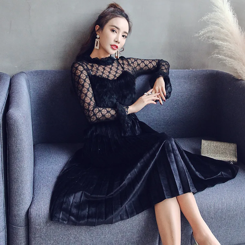 

2019 New Style Debutante Ladies' Lace Base Shirt + Rabbit Fur Spell Velvet Pleated Strapped Dress Two-Piece Set
