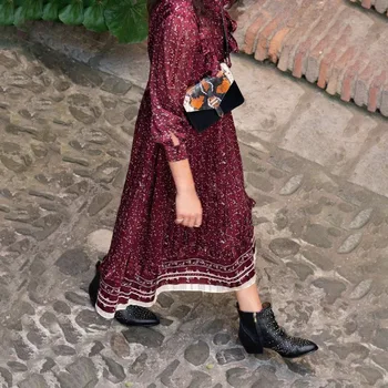 

Northern Europe Os2020 Court Wind Pleats Side Length Sleeve Lotus Leaf Side Wine Red Dress 190486