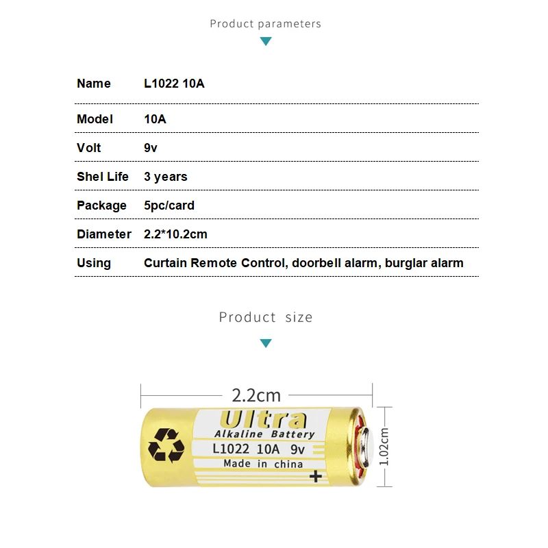 5Pc/Card New Battery 10A 9V batteries 9V10A L1022 doorbell rolling door garage remote control Replace to A23L 9V