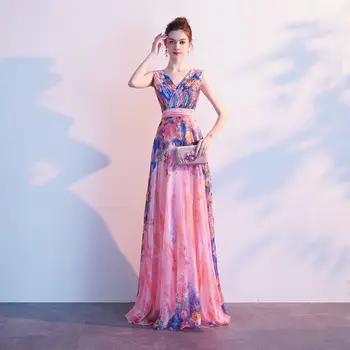 

New Women Formal Sleeveless V-Neck Evening Party Maxi Dress Fashion Girls Sweet Floral High Waist Long Dress