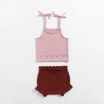 

2020 Summer Toddler Infant Knitted Cotton Pink Halter Top+Bottom Baby Girl Two Piece 3 6 9 12 18 24 Month Baby Clothes OBS204007