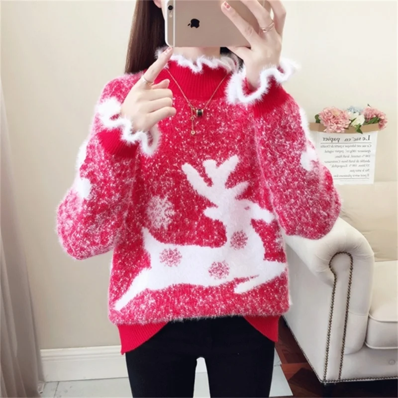 

2020 Korean Autumn Winter Loose Wild News All-Match Sweaters Turtleneck Anmial Patterns Pullovers Preppy Style Knitted Sweate