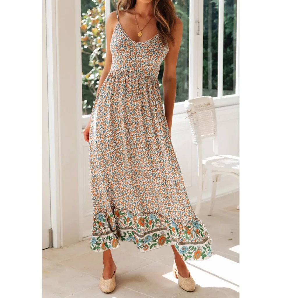 

Women Boho Floral Print Sexy Dress V-neck Beach Long Dress 2020 Summer Sundress Strap Dresses Sleeveless Print Holiday Dress#J30