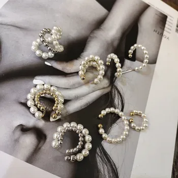 

HUANZHI 2020 Pearl Ear Cuff Earring Magnetic buckle Geometric Metal Bone Clip Without Pierced Ears for Women Girls Jewelry