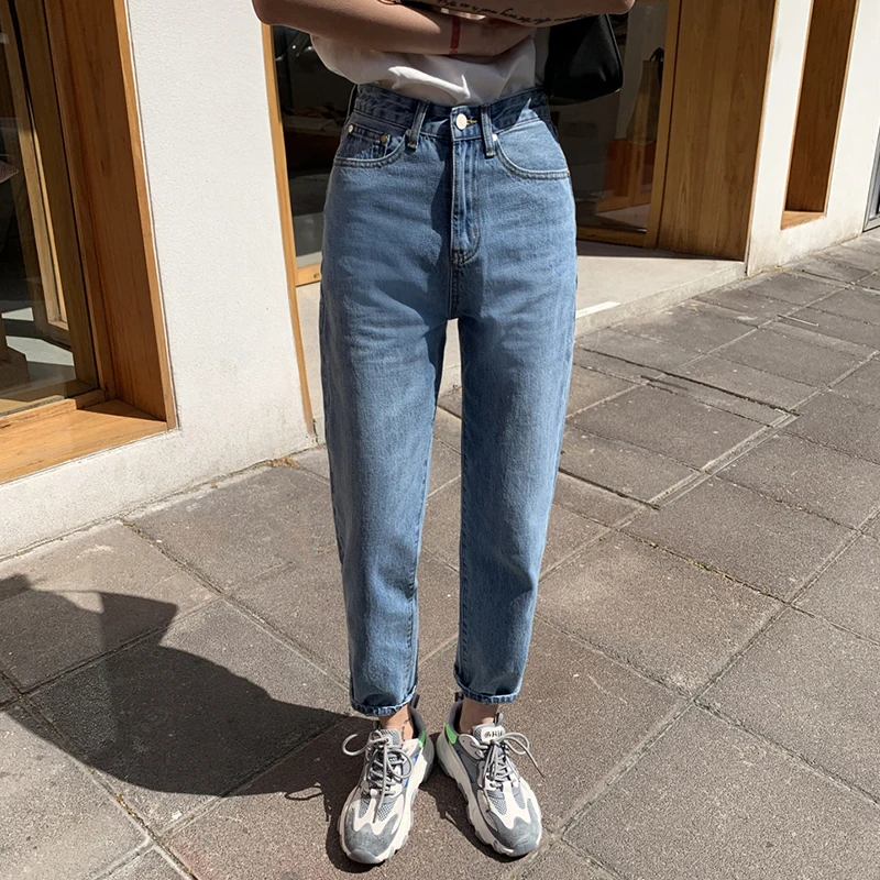 

2021 Denim Mom Jeans for Women High Waist Ladies Ankle-Length Streetwear Straight Pants with Pocket Blue Spring Woman Clothing