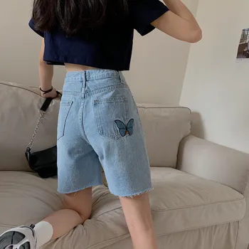 

Photo Shoot Korean-style High-waisted Embroidered Straight Jeans Female Summer 2020 New Style Students Fifth Pants Fashion