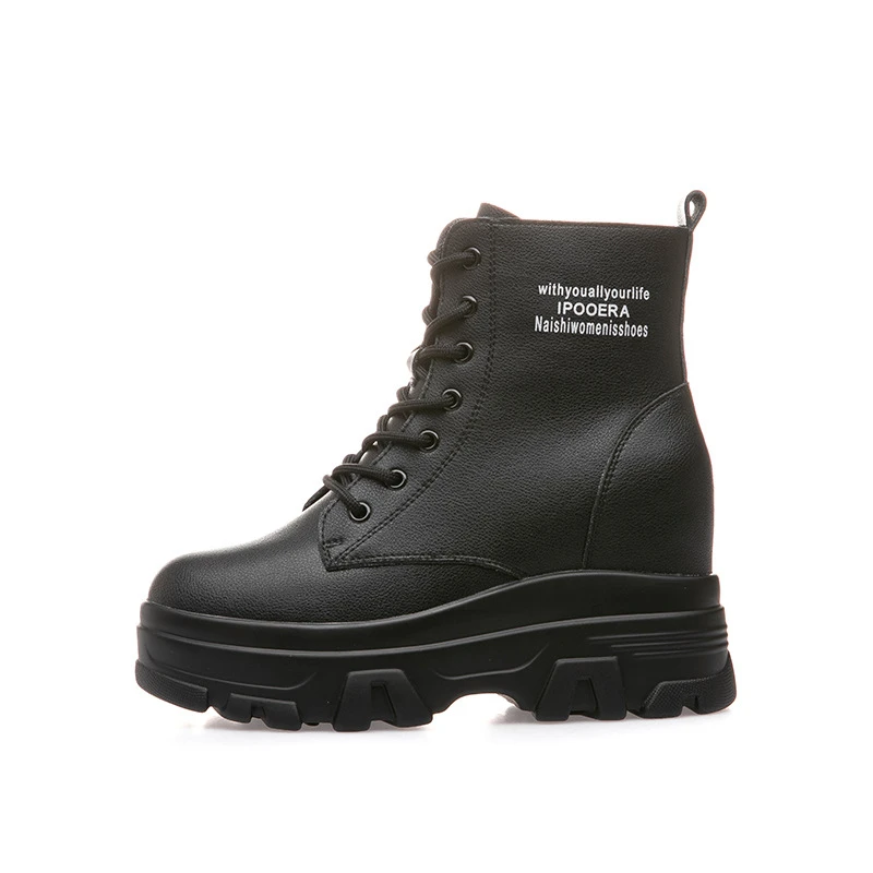 DONGNANFENG Women Female Ladies Genuine Leather Shoes Platform Boots Ankle Zipper Lace Up Winter Fur Plush Warm 34-40 NS-2091-3 - Цвет: black