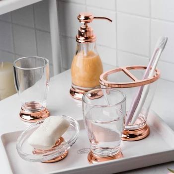 

Nordic luxury bathroom five-piece High-grade glass + brass bathroom set Bathroom Decor Kit Wedding Gifts