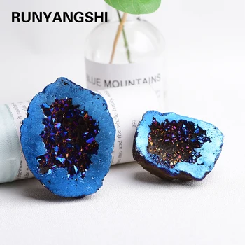 

Runyangshi 1PC Natural crystal agate crystal cave cornucopia mineral specimens electroplating blue reiki healing stone