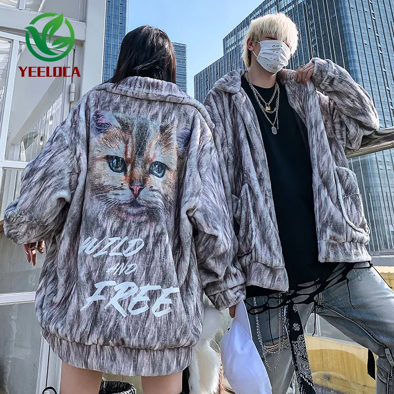 

2019 Winter Warmth Thicken Cat Jacket Oversized Hip Hop Couple Loose Personality Men Jacket Coat Fashion High Street Top