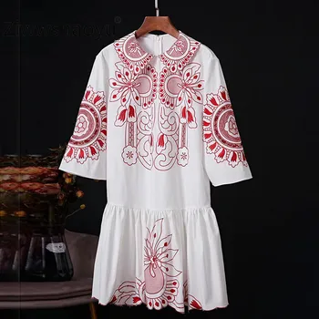 

Ziwwshaoyu Runway Designer 100% Cotton Mini Dresses Women's Delicate Baroque Pattern Embroidery 3/4 Flare Sleeve Leisure Dress