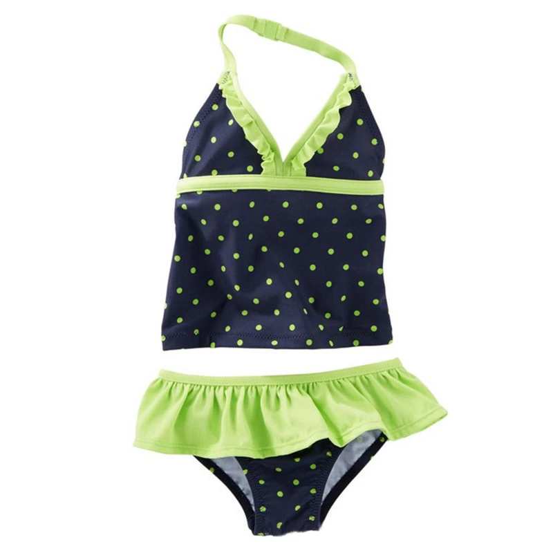 

New Model Kid Girls Two Piece Swimsuit 2-8 Y Baby Dark Blue Swimwear with Dots Print Children Swimming Wear with Green Fold