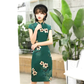 

Sheng Coco Women Mini Short Rayon Cheongsam Dresses New Silk Green Moden Fashion Qipao Party Plus Size M-4XL