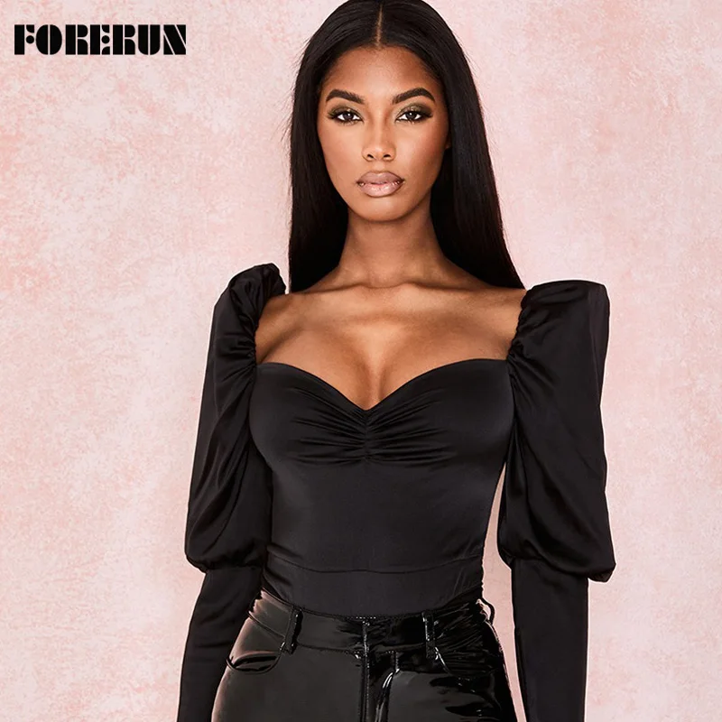 FORERUN сатиновый костюм женские боди с длинным рукавом Облегающий комбинезон