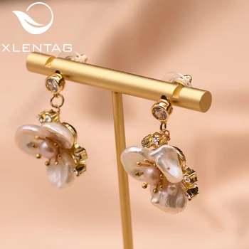 

XlentAg Romantic Natural Baroque Pearl Pink Flower Heart Pendant Stud Earrings Women Wedding Party Gifts Fashion Jewelry GE0713B