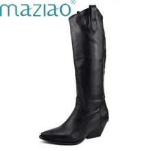 Модная выбитая микрофибра; кожаные ковбойские сапоги с острым носком в западном стиле; женские сапоги до колена на массивной танкетке на среднем каблуке; MAZIAO для подиума