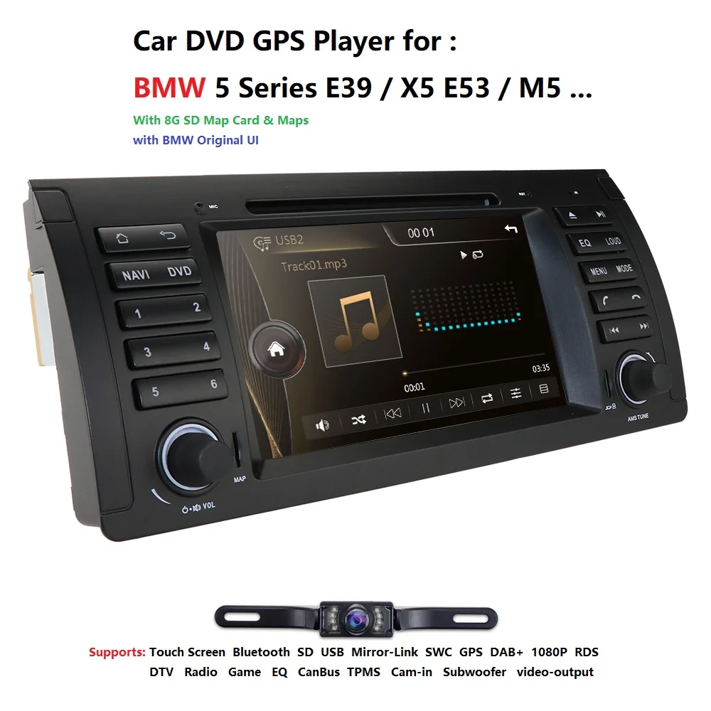 

1 DIN 7'' Car Monitor DVD For BMW E39 E53 X5 GPS Navigation RDS SD Subwoofer Steering wheel control Bluetooth DAB+DVB-T 16G MAP