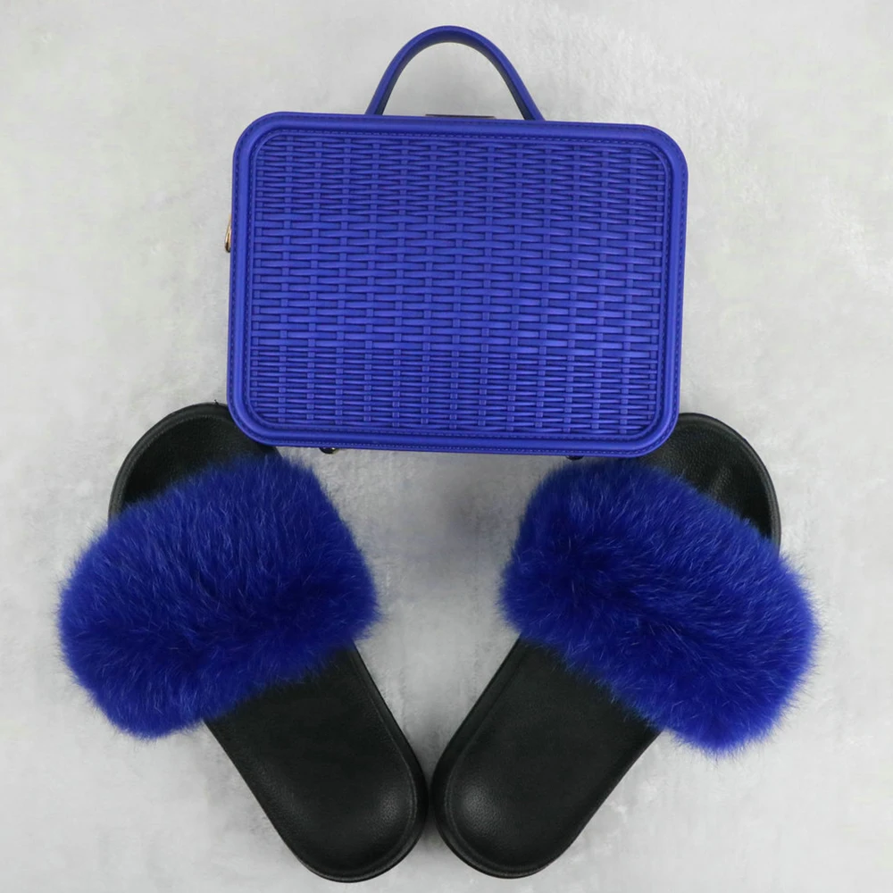 Blue set Женские шлепанцы с натуральным лисьим мехом комплект сумочки радужных желейных сумок пушистые сандалии из енота модная женская походная сумка для обуви - Цвет: Blue set
